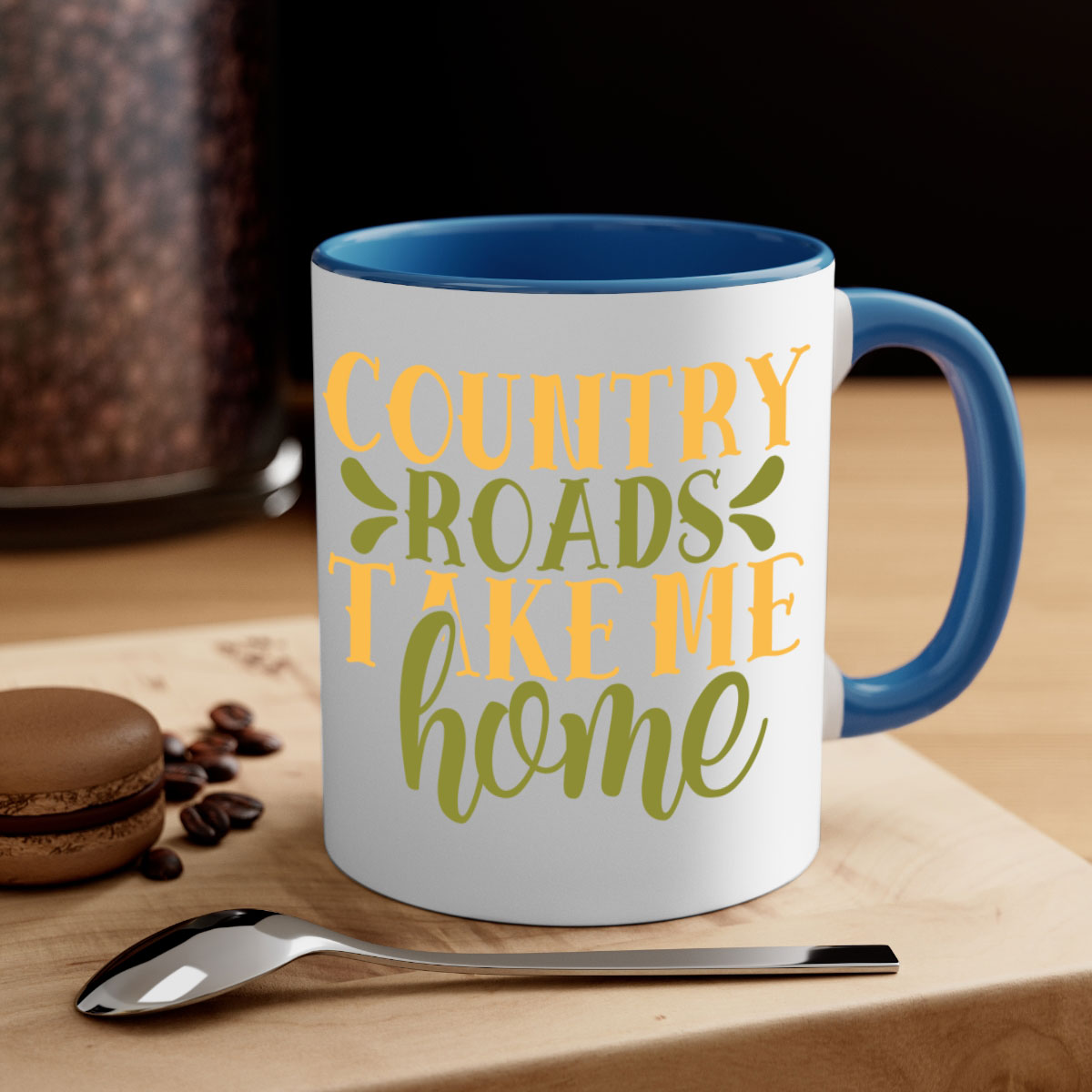 Country Roads Take Me Home Mug with colorful handle and interior, showcasing a glossy finish.