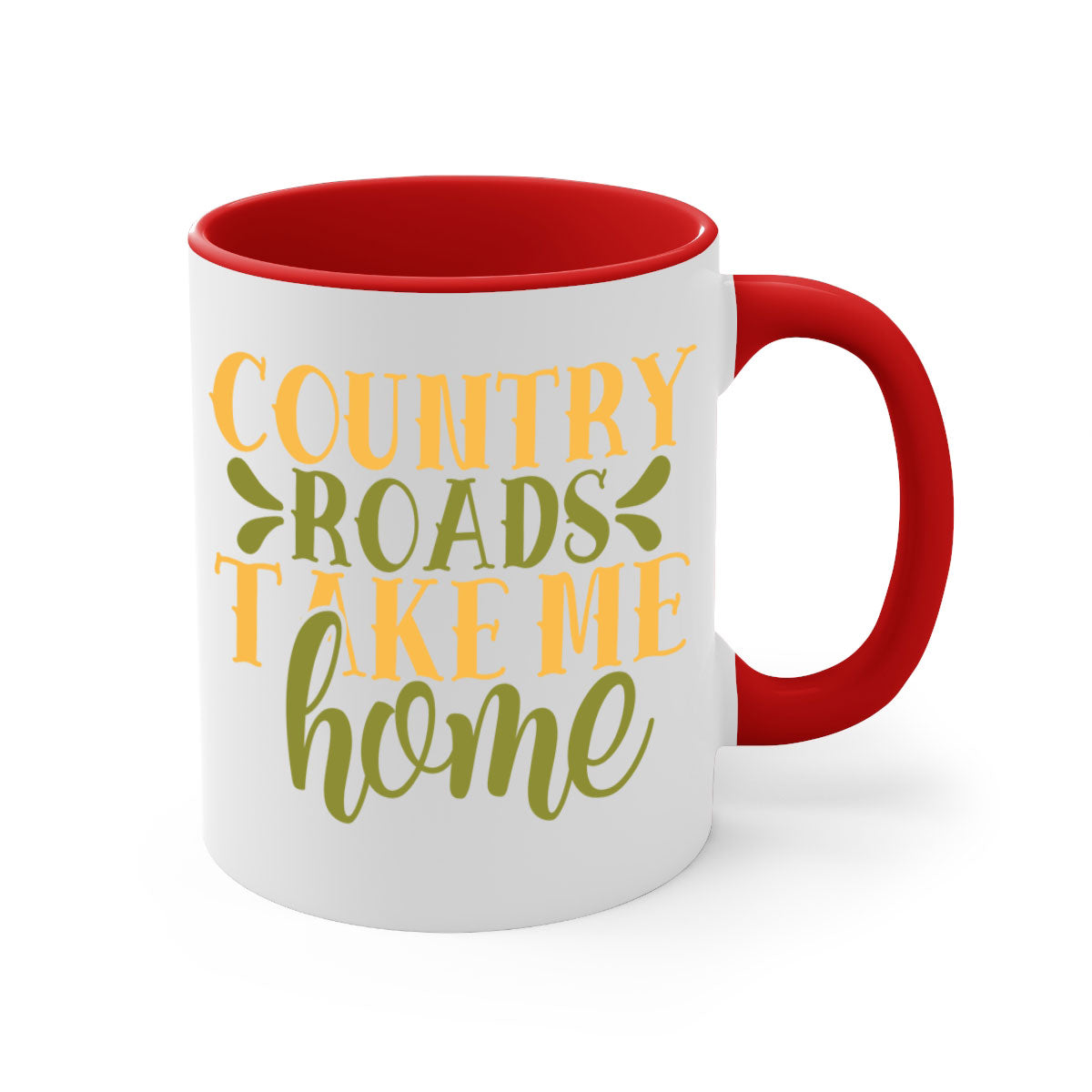 Country Roads Take Me Home Mug with colorful handle and interior, showcasing a glossy finish.