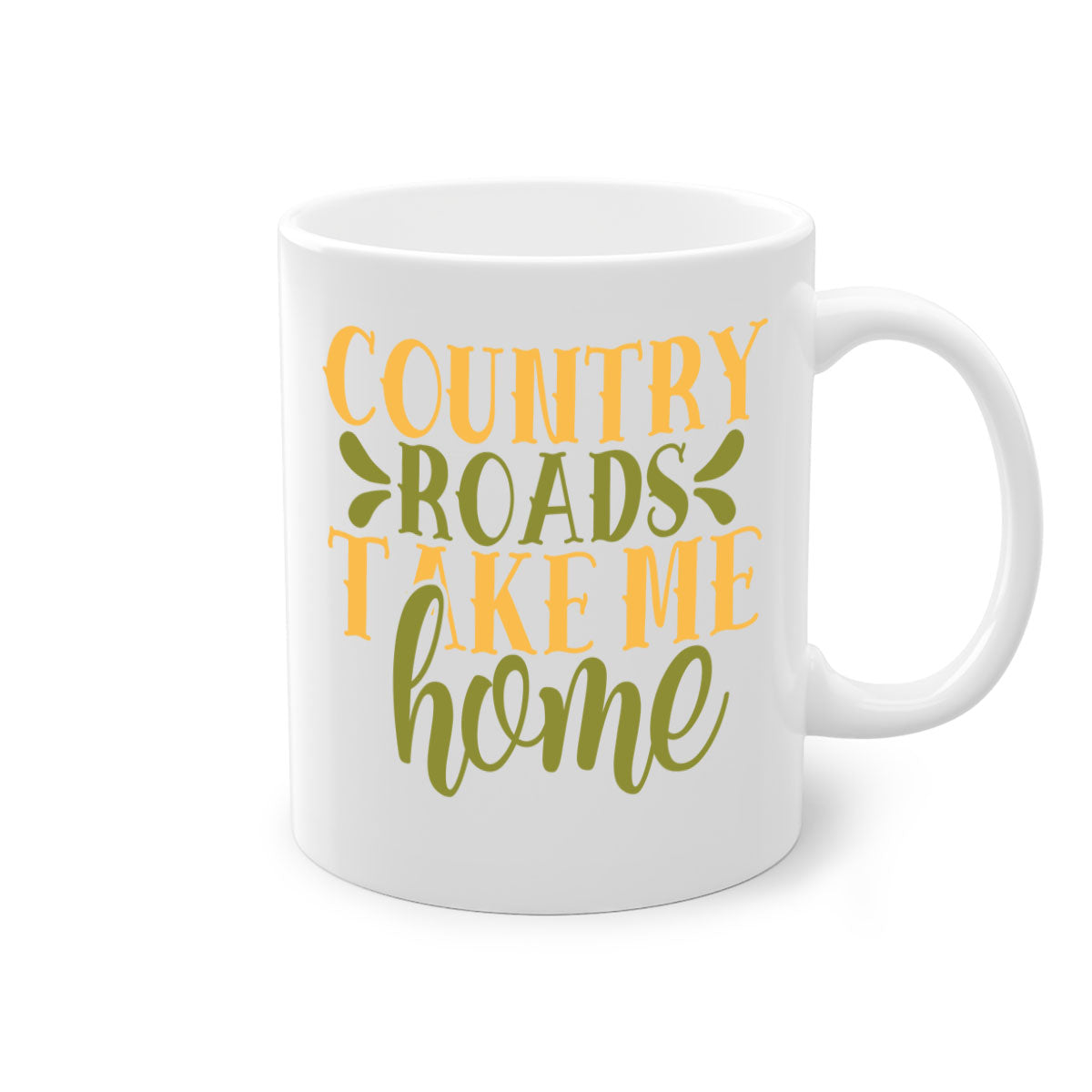 Country Roads Take Me Home Mug with colorful handle and interior, showcasing a glossy finish.