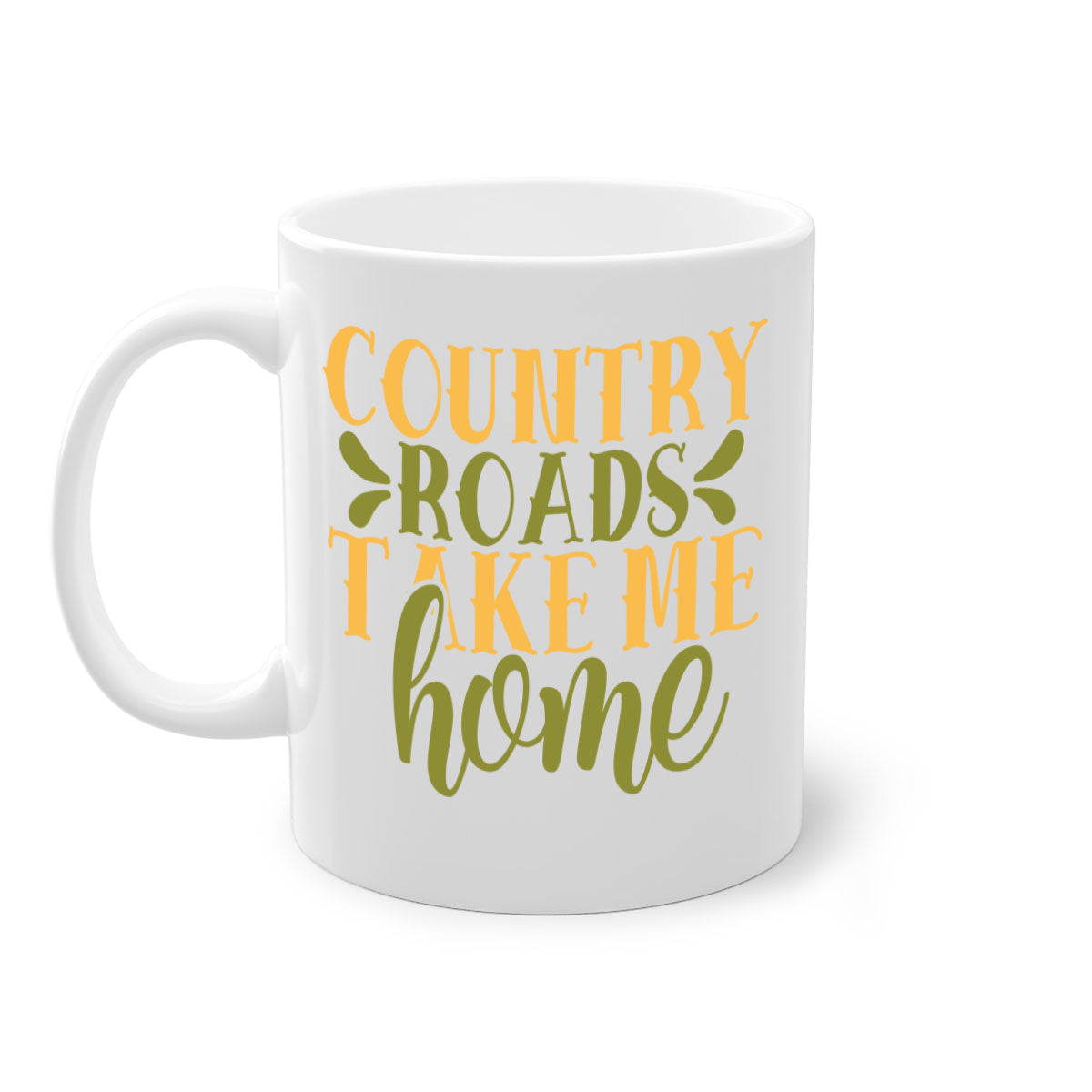 Country Roads Take Me Home Mug with colorful handle and interior, showcasing a glossy finish.