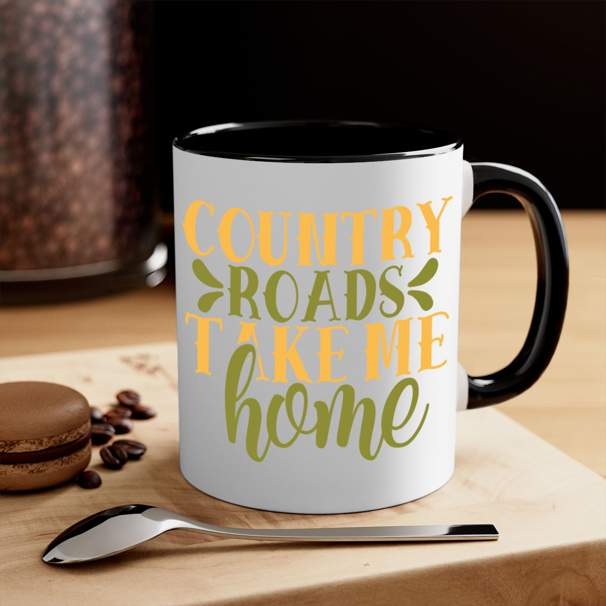 Country Roads Take Me Home Mug with colorful handle and interior, showcasing a glossy finish.