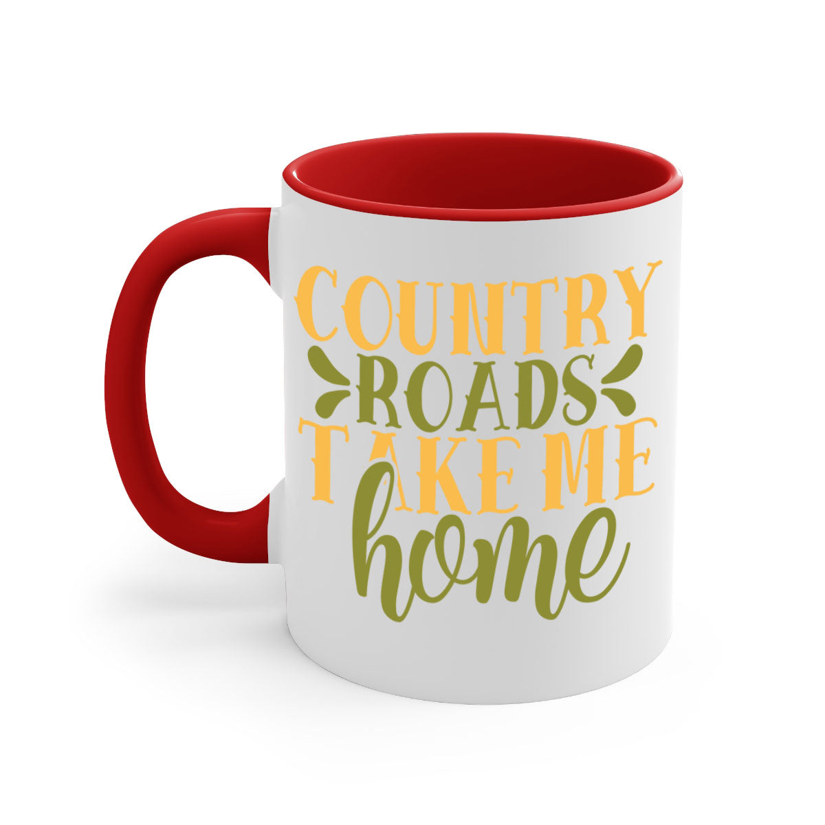 Country Roads Take Me Home Mug with colorful handle and interior, showcasing a glossy finish.