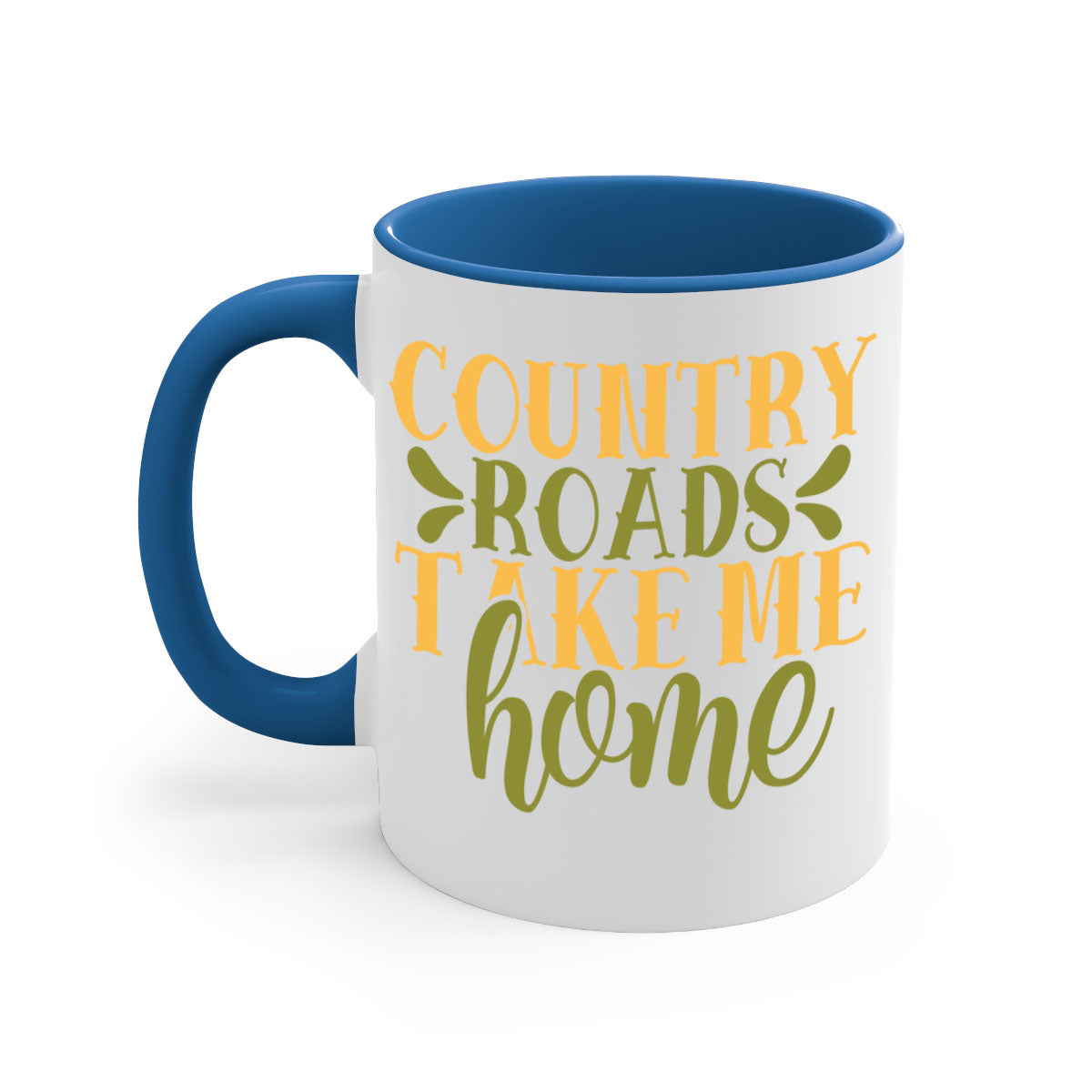 Country Roads Take Me Home Mug with colorful handle and interior, showcasing a glossy finish.