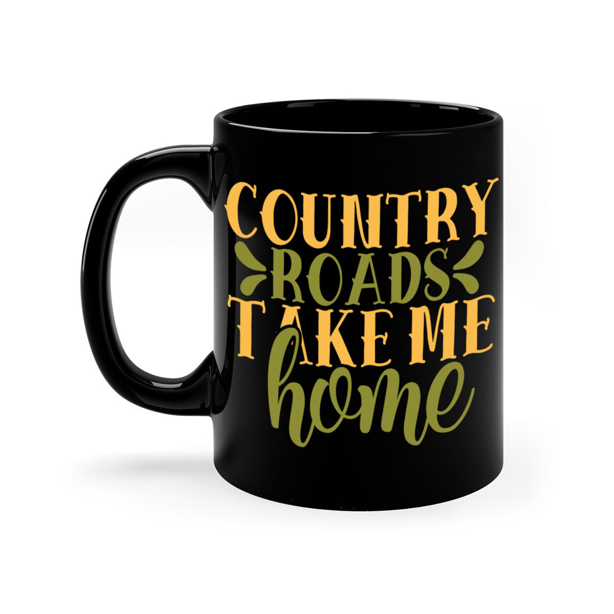 Country Roads Take Me Home Mug with colorful handle and interior, showcasing a glossy finish.