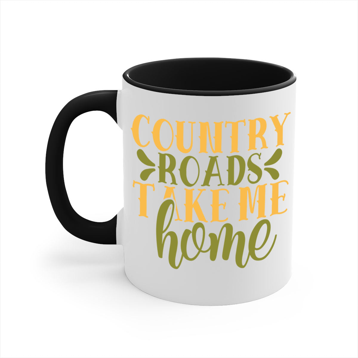 Country Roads Take Me Home Mug with colorful handle and interior, showcasing a glossy finish.