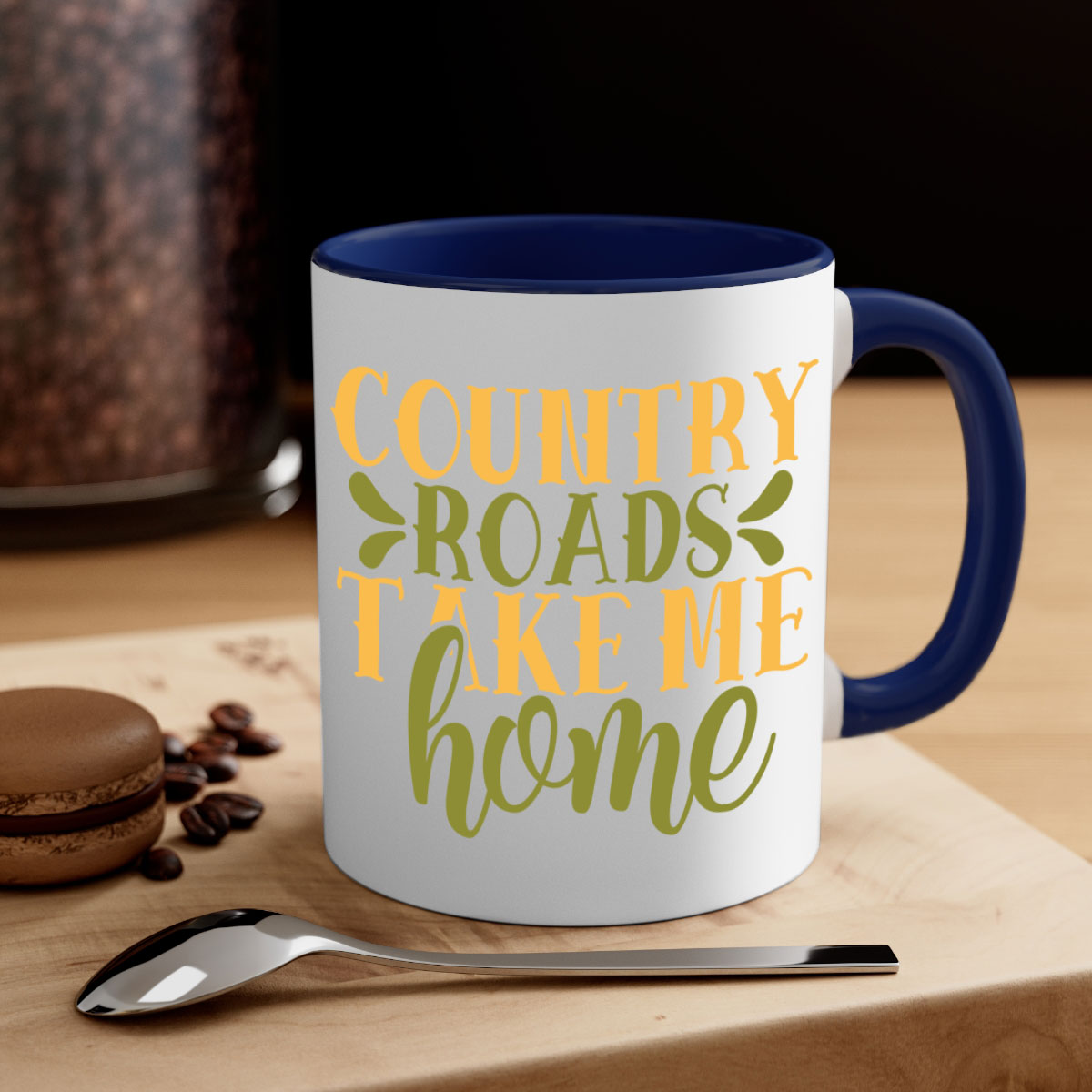 Country Roads Take Me Home Mug with colorful handle and interior, showcasing a glossy finish.