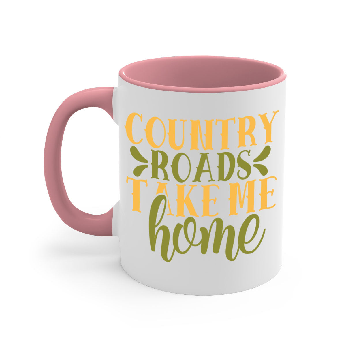Country Roads Take Me Home Mug with colorful handle and interior, showcasing a glossy finish.
