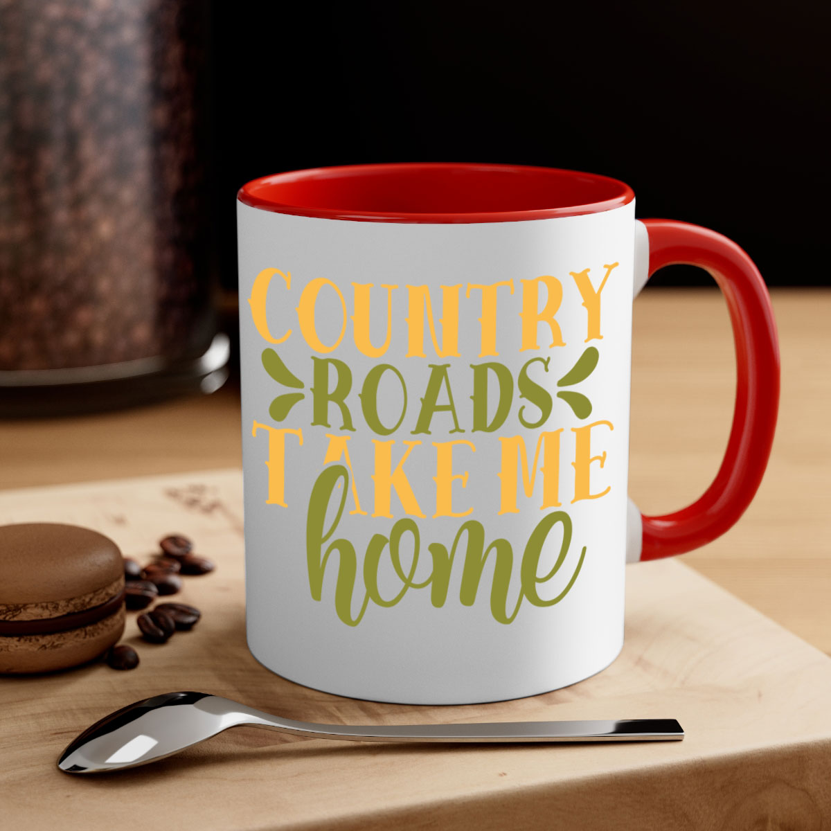 Country Roads Take Me Home Mug with colorful handle and interior, showcasing a glossy finish.