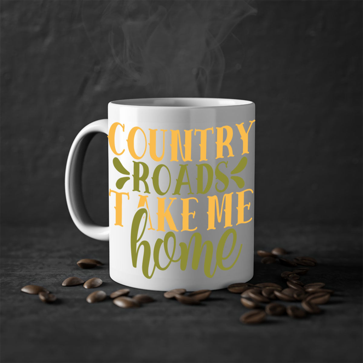 Country Roads Take Me Home Mug with colorful handle and interior, showcasing a glossy finish.