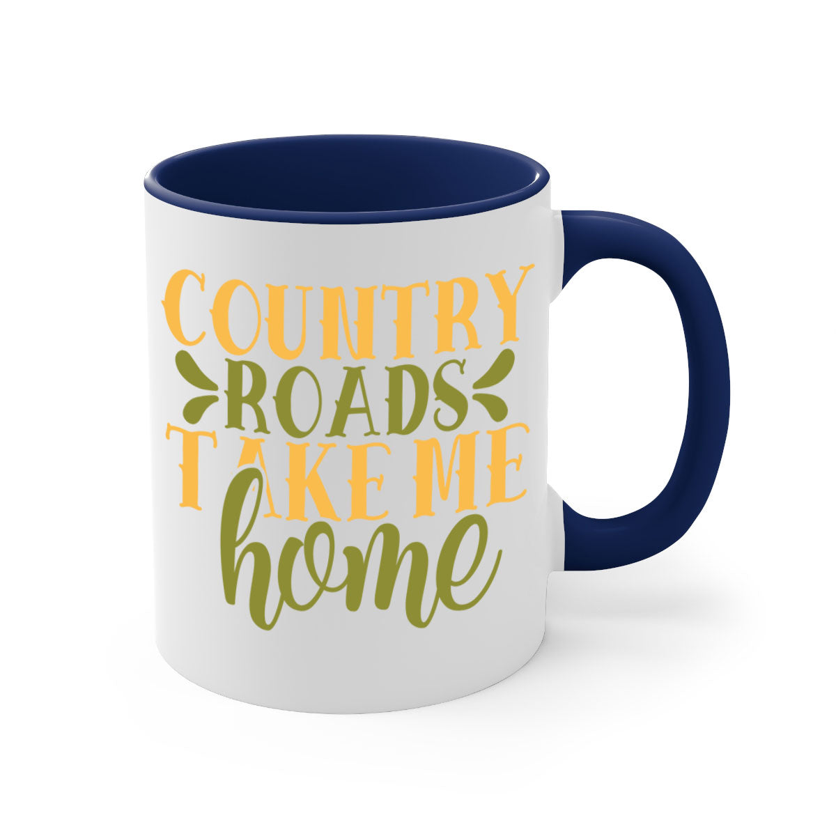 Country Roads Take Me Home Mug with colorful handle and interior, showcasing a glossy finish.