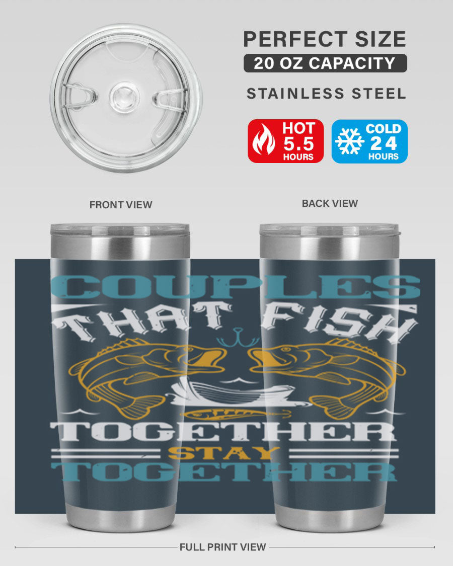 Couples That Fish Together 20oz Tumbler, double wall vacuum stainless steel with copper lining, featuring a drink-thru lid.