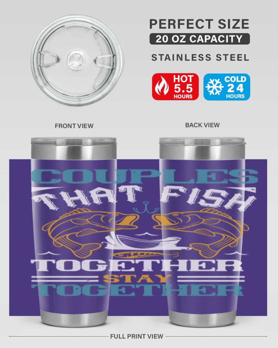 Couples That Fish Together 20oz Tumbler, double wall vacuum stainless steel with copper lining, featuring a drink-thru lid.
