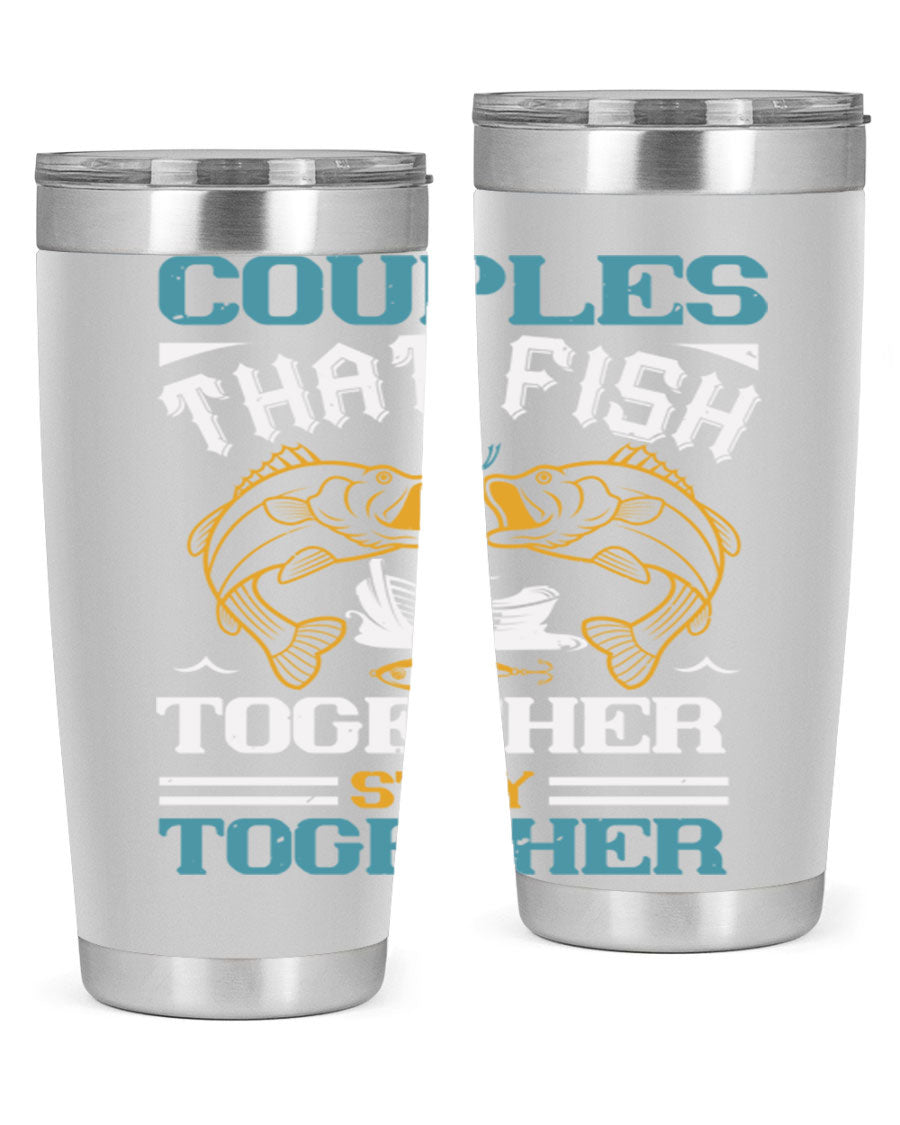 Couples That Fish Together 20oz Tumbler, double wall vacuum stainless steel with copper lining, featuring a drink-thru lid.