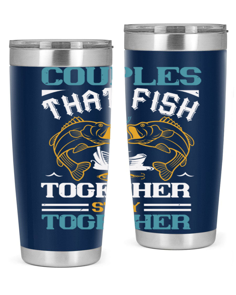 Couples That Fish Together 20oz Tumbler, double wall vacuum stainless steel with copper lining, featuring a drink-thru lid.
