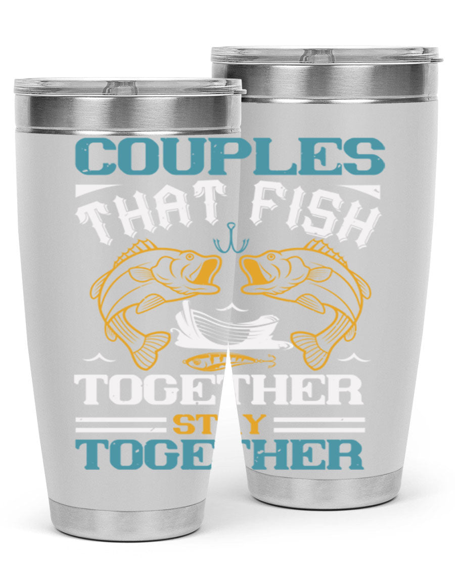 Couples That Fish Together 20oz Tumbler, double wall vacuum stainless steel with copper lining, featuring a drink-thru lid.