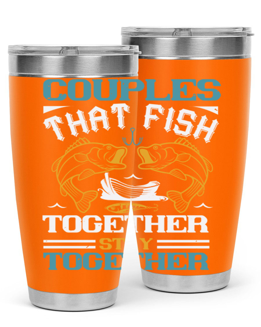 Couples That Fish Together 20oz Tumbler, double wall vacuum stainless steel with copper lining, featuring a drink-thru lid.