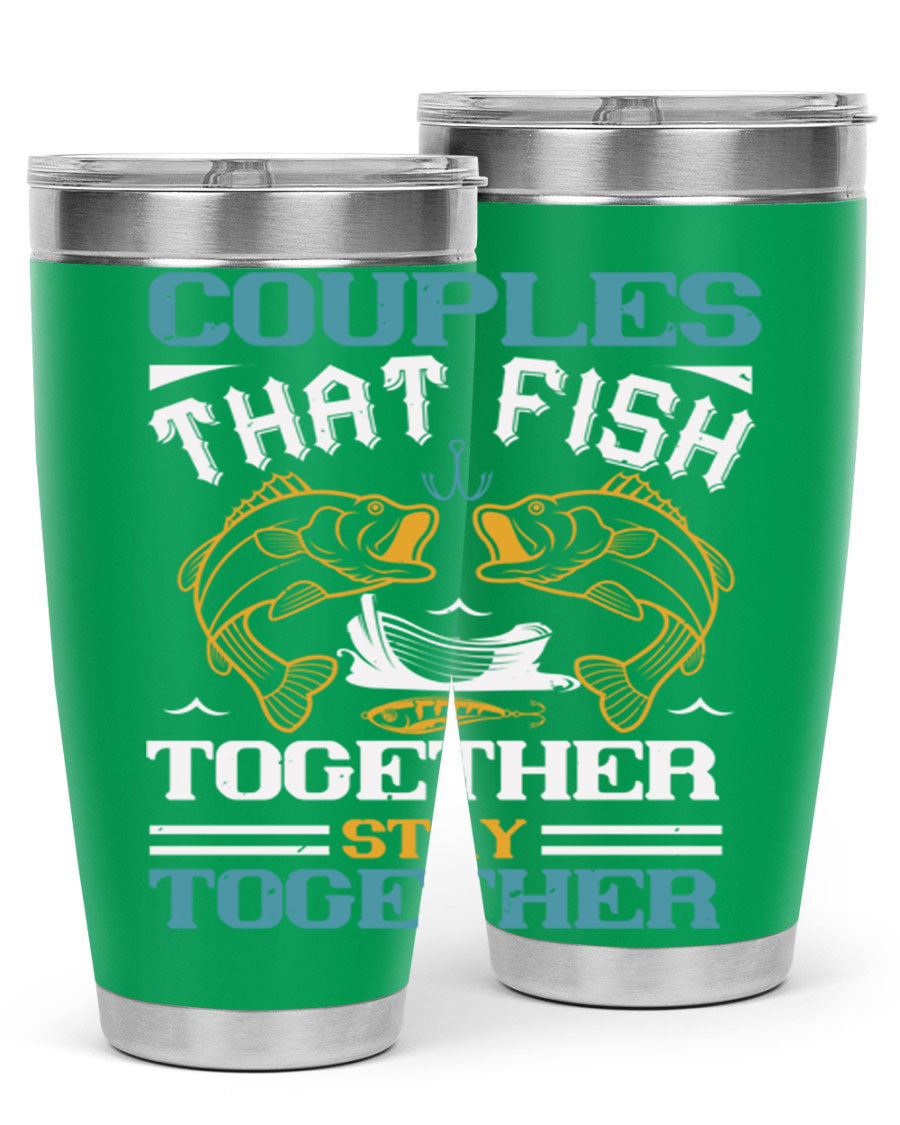 Couples That Fish Together 20oz Tumbler, double wall vacuum stainless steel with copper lining, featuring a drink-thru lid.