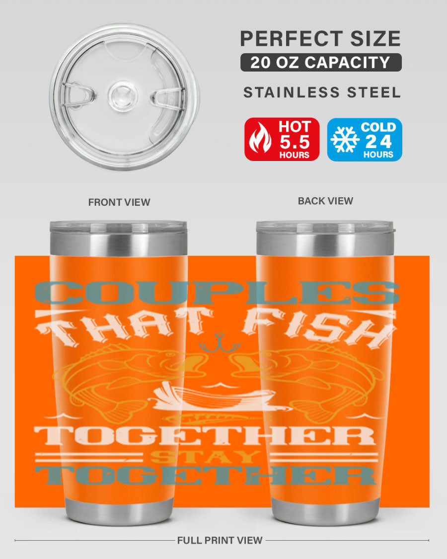 Couples That Fish Together 20oz Tumbler, double wall vacuum stainless steel with copper lining, featuring a drink-thru lid.