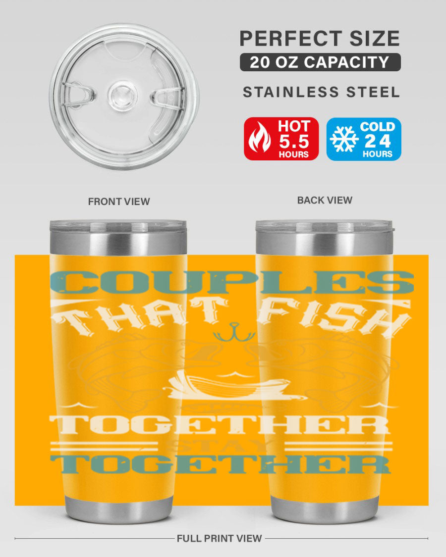 Couples That Fish Together 20oz Tumbler, double wall vacuum stainless steel with copper lining, featuring a drink-thru lid.