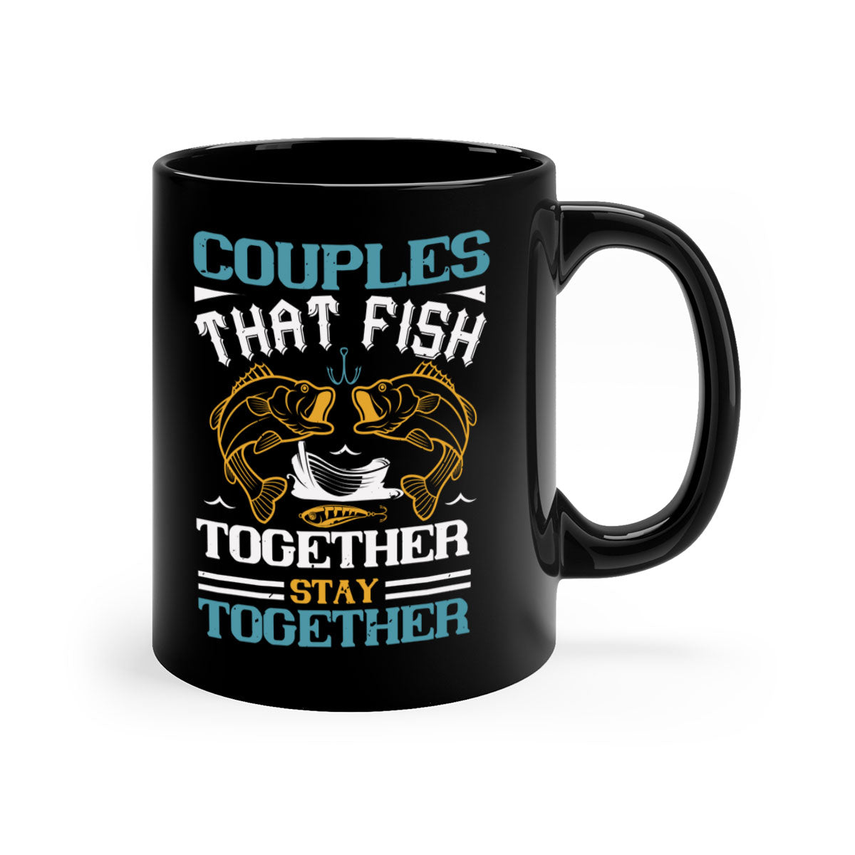 Couples that fish together fishing mug with colorful handle and glossy finish, perfect for coffee or tea lovers.