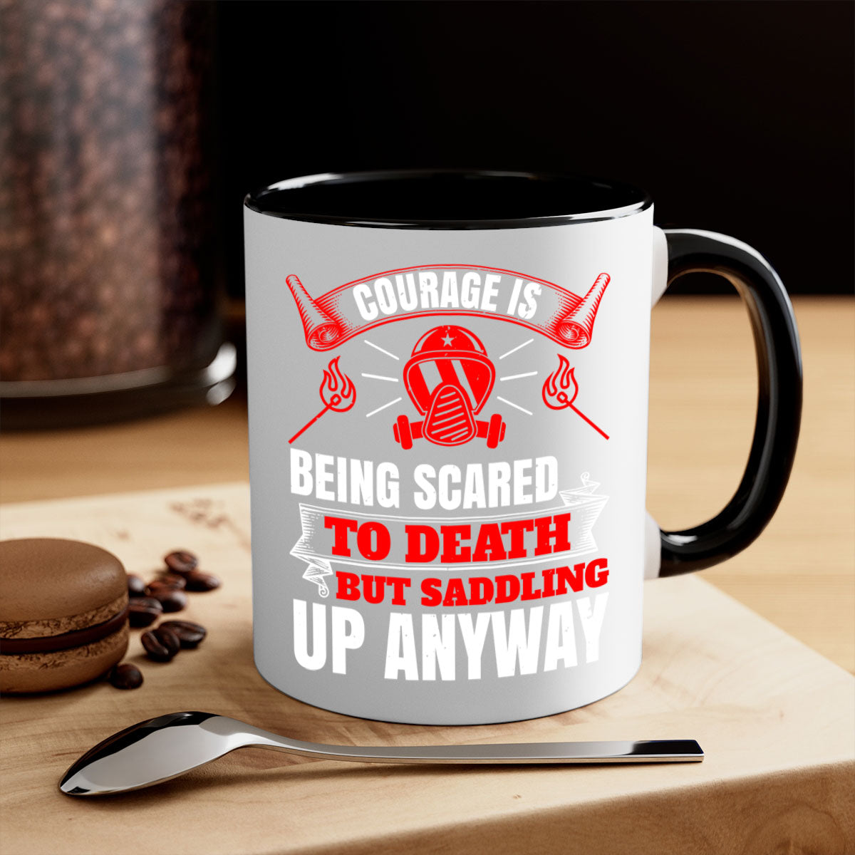 Courage is being scared to death but saddling up anyway Style 87# Mug featuring a glossy finish, colored handle, and interior in five vibrant colors.