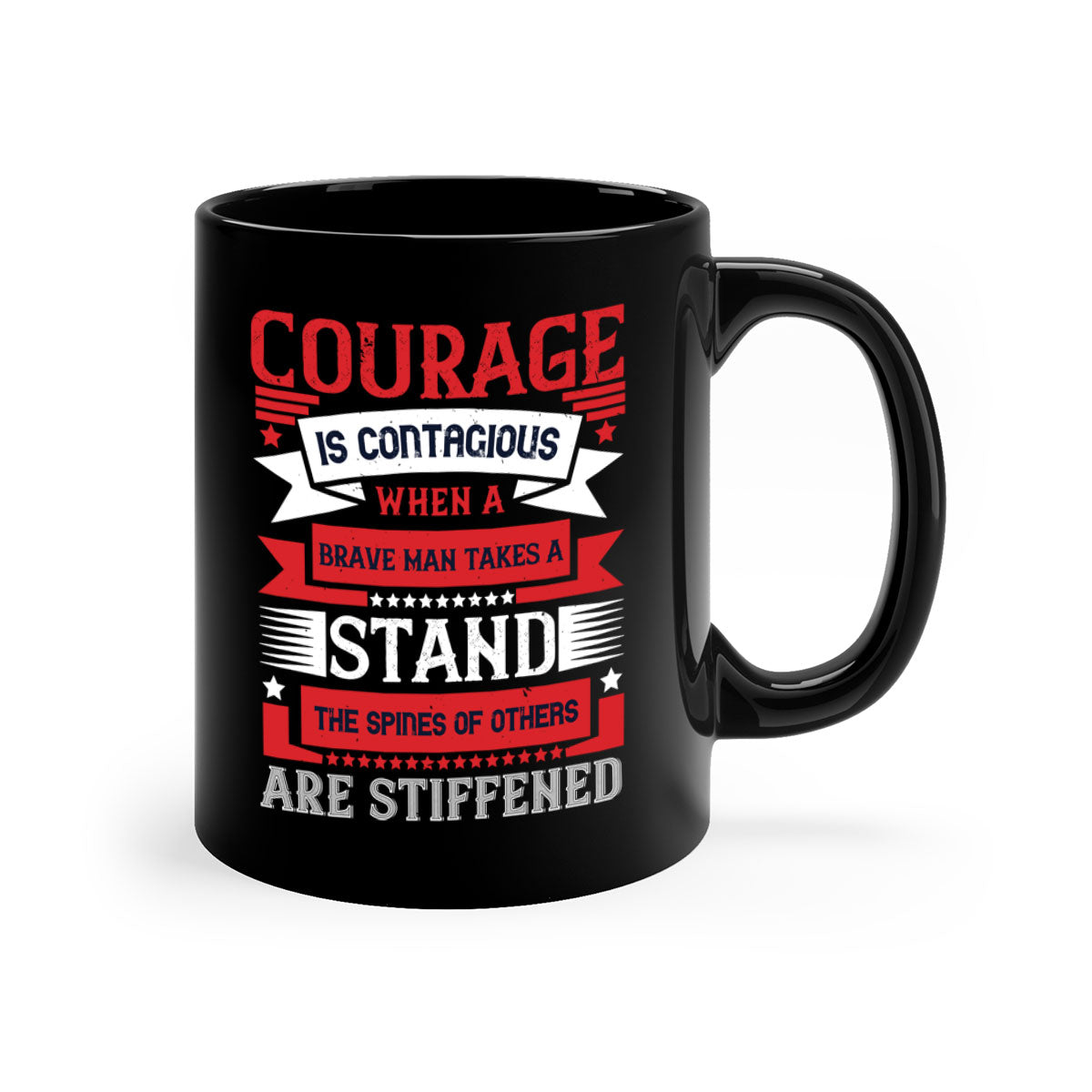 Ceramic mug with the phrase 'Courage is Contagious' in a stylish two-tone design, featuring a colored handle and glossy finish.