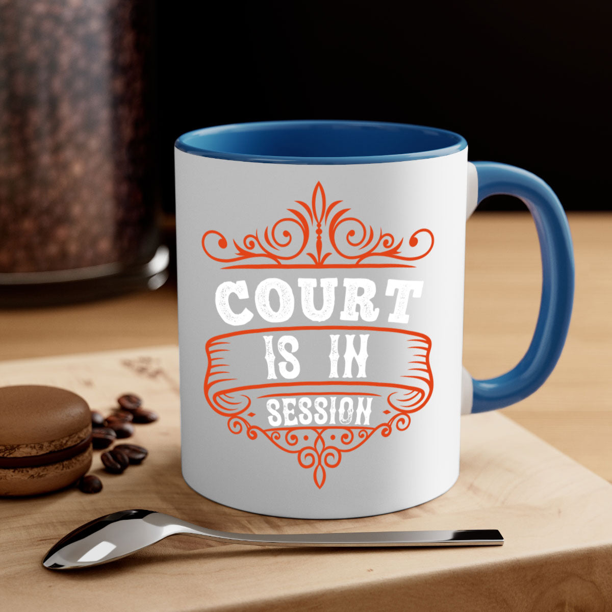 Court is in ball session 1570# basketball mug with a glossy finish and colored handle, available in multiple colors.