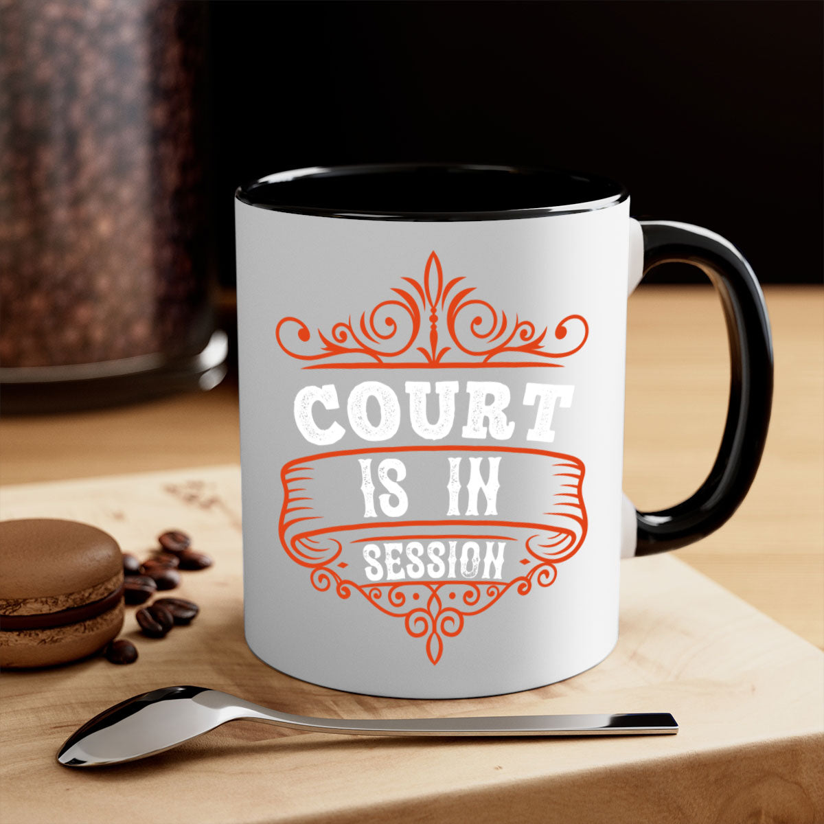 Court is in ball session 1570# basketball mug with a glossy finish and colored handle, available in multiple colors.