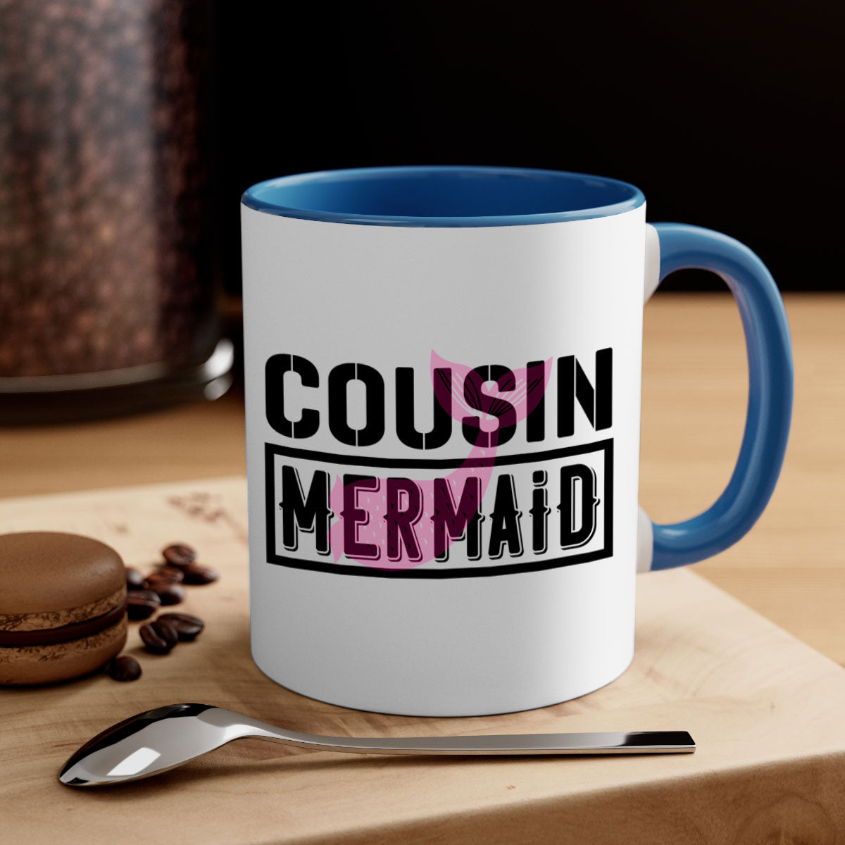 Cousin Mermaid 87# Mug featuring a glossy finish with a colored handle and interior, available in multiple colors and sizes.
