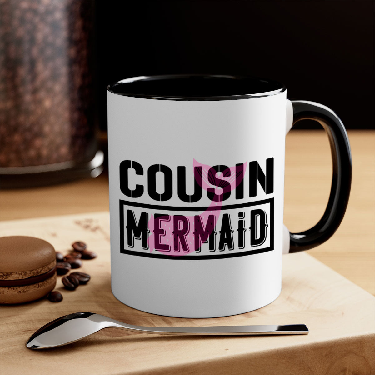 Cousin Mermaid 87# Mug featuring a glossy finish with a colored handle and interior, available in multiple colors and sizes.