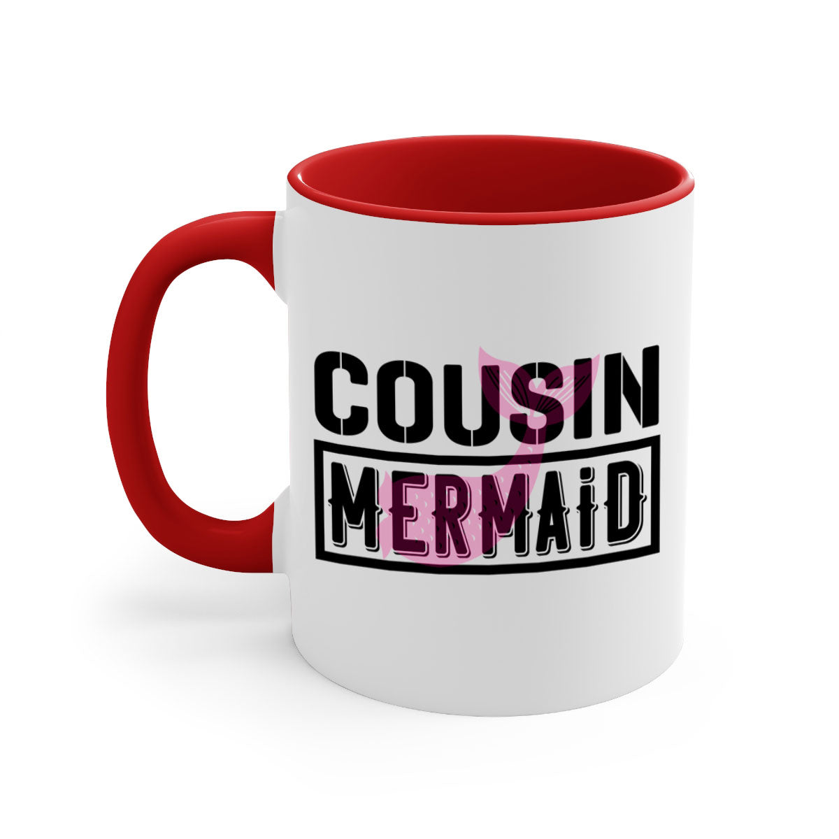 Cousin Mermaid 87# Mug featuring a glossy finish with a colored handle and interior, available in multiple colors and sizes.