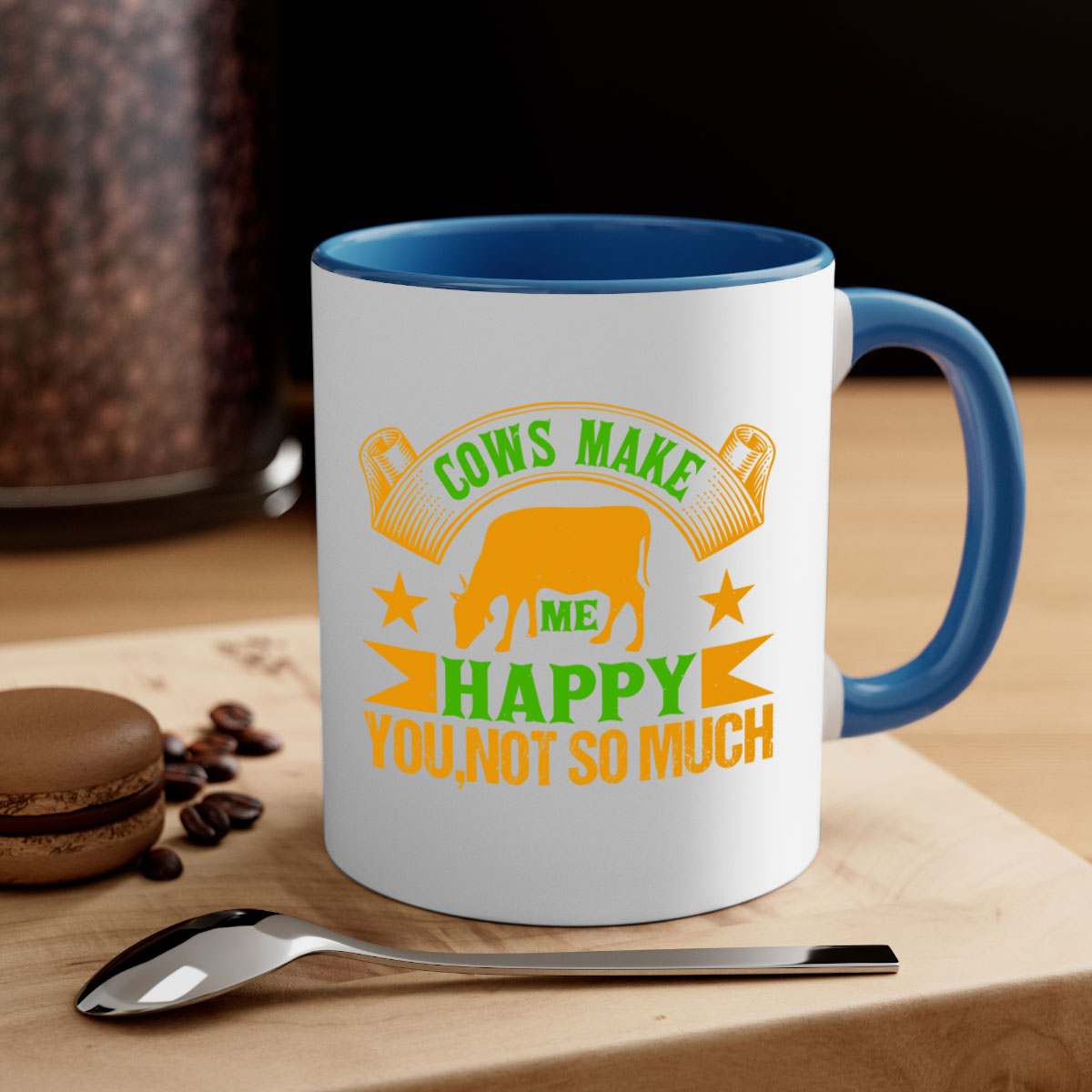 Cows make me happy mug with colorful handle and glossy finish, available in multiple colors and sizes.