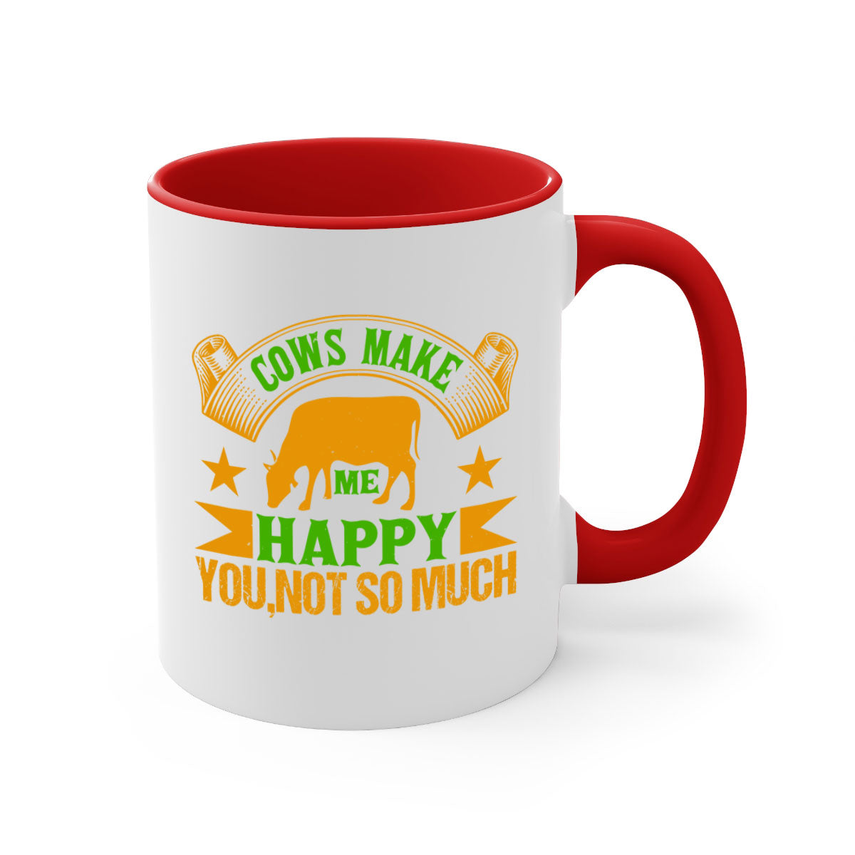 Cows make me happy mug with colorful handle and glossy finish, available in multiple colors and sizes.