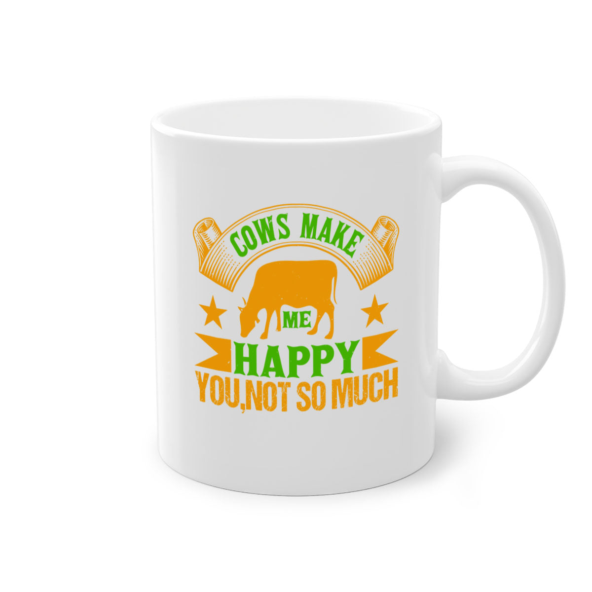 Cows make me happy mug with colorful handle and glossy finish, available in multiple colors and sizes.
