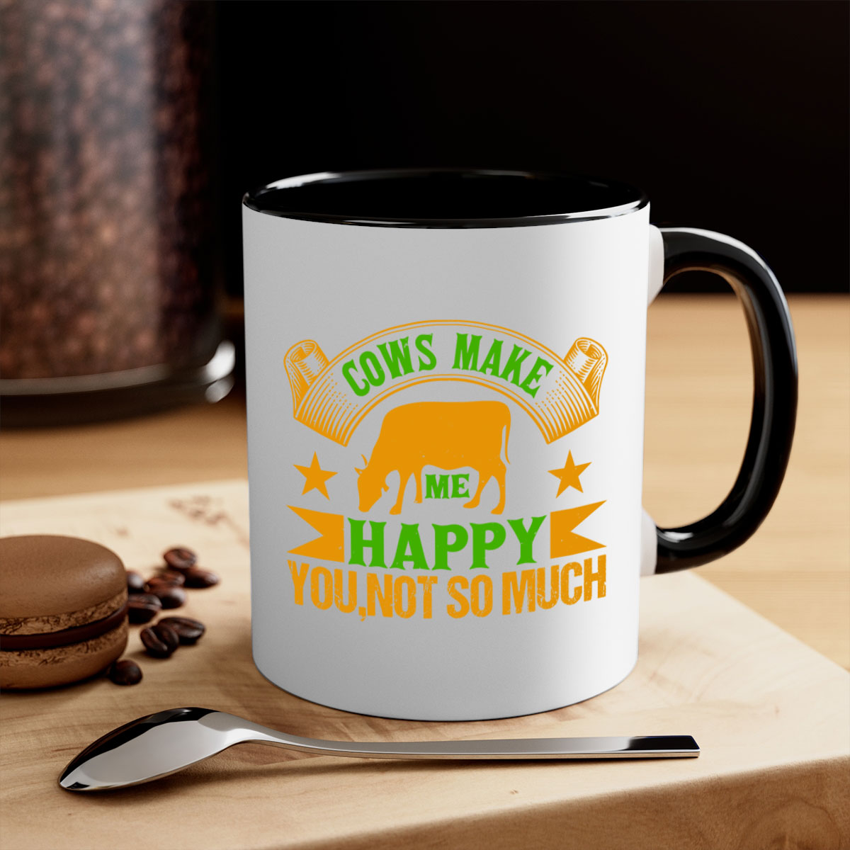 Cows make me happy mug with colorful handle and glossy finish, available in multiple colors and sizes.