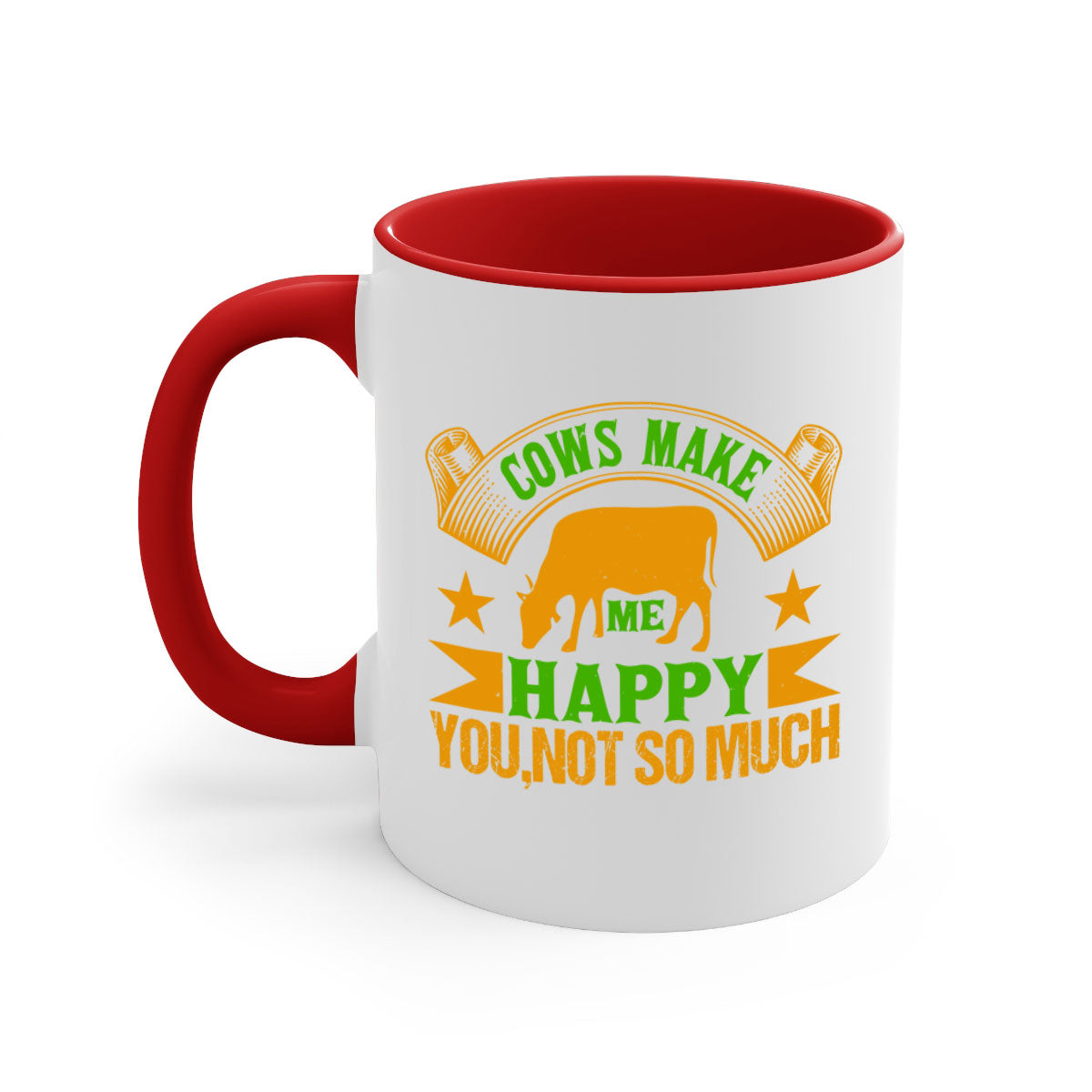 Cows make me happy mug with colorful handle and glossy finish, available in multiple colors and sizes.