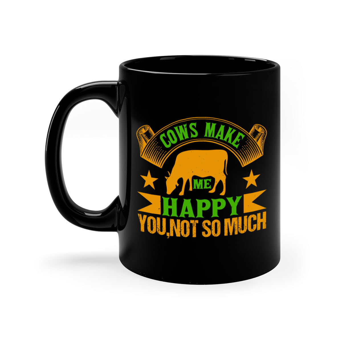 Cows make me happy mug with colorful handle and glossy finish, available in multiple colors and sizes.