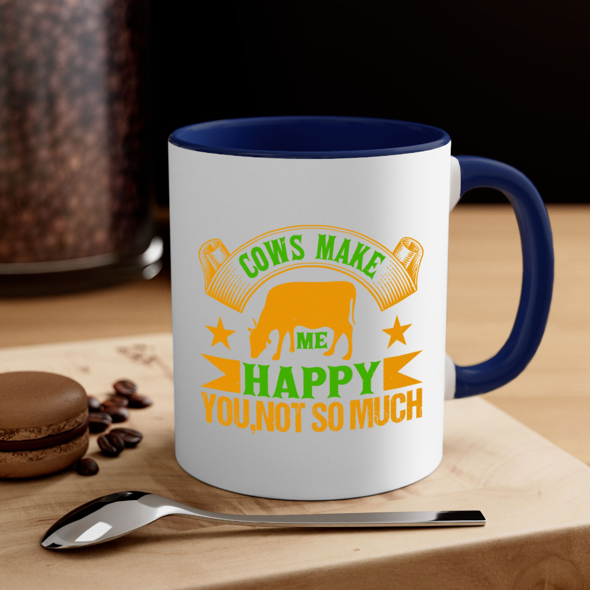 Cows make me happy mug with colorful handle and glossy finish, available in multiple colors and sizes.