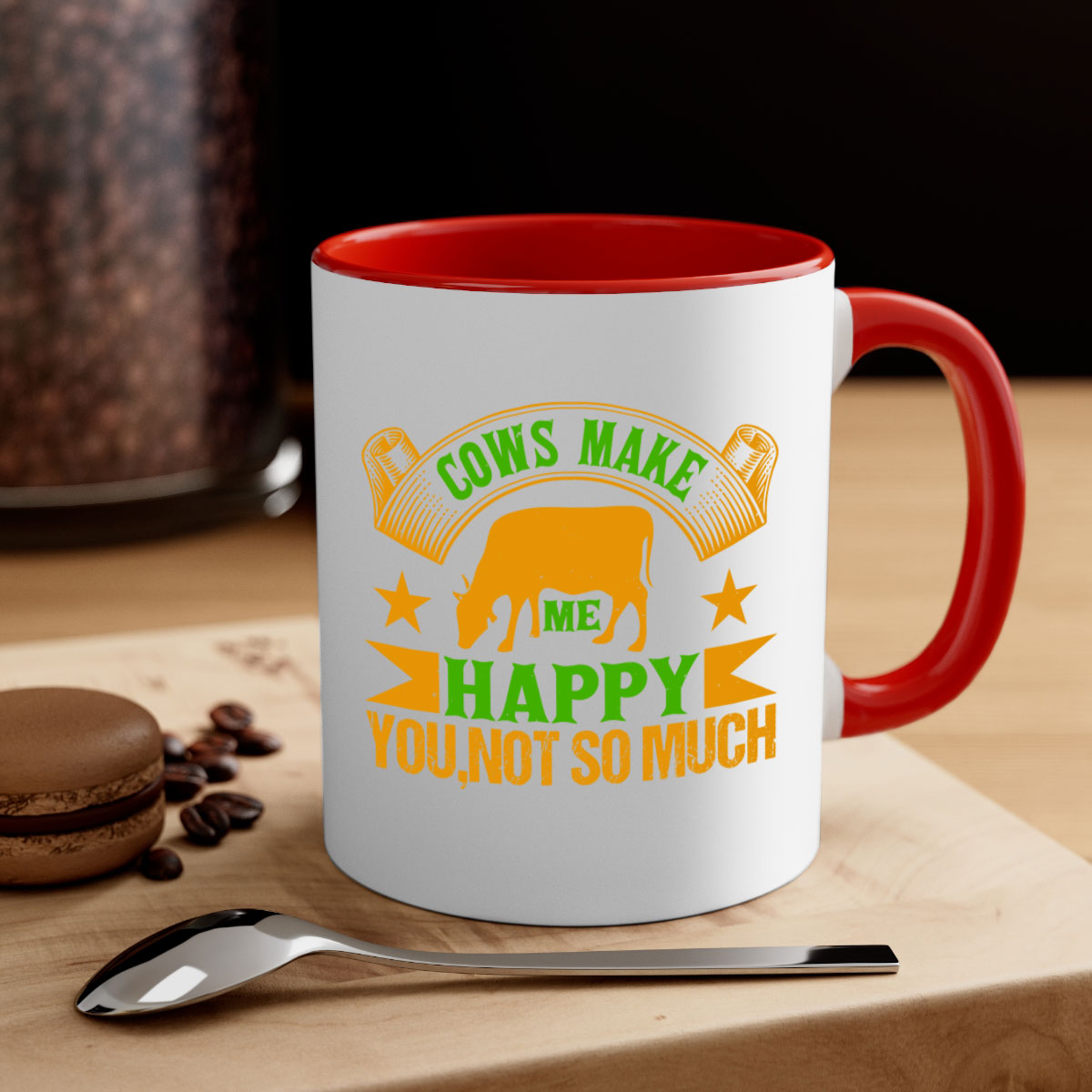 Cows make me happy mug with colorful handle and glossy finish, available in multiple colors and sizes.