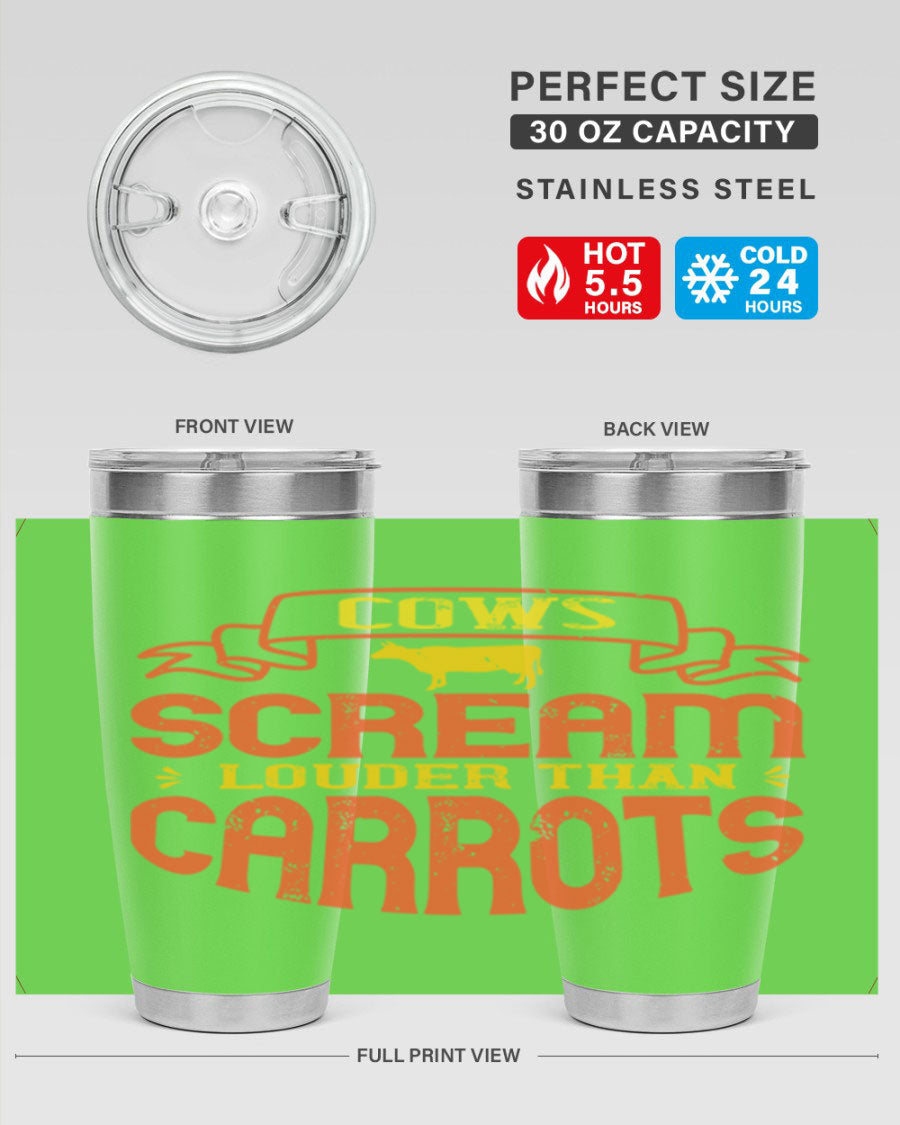 Cows Scream Louder Than Carrots 71# Vegan Tumbler in stainless steel with a vibrant design, perfect for hot and cold beverages.