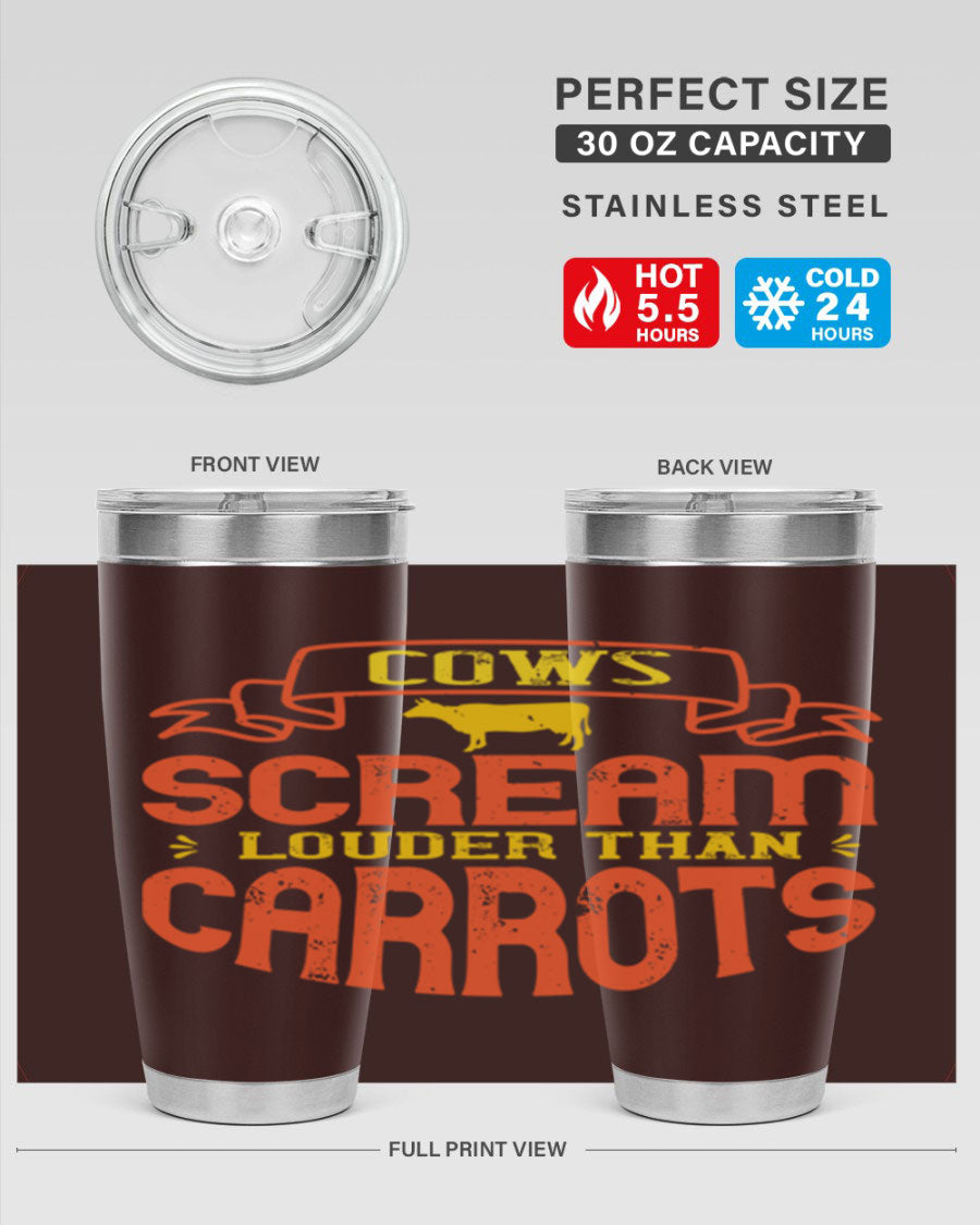 Cows Scream Louder Than Carrots 71# Vegan Tumbler in stainless steel with a vibrant design, perfect for hot and cold beverages.