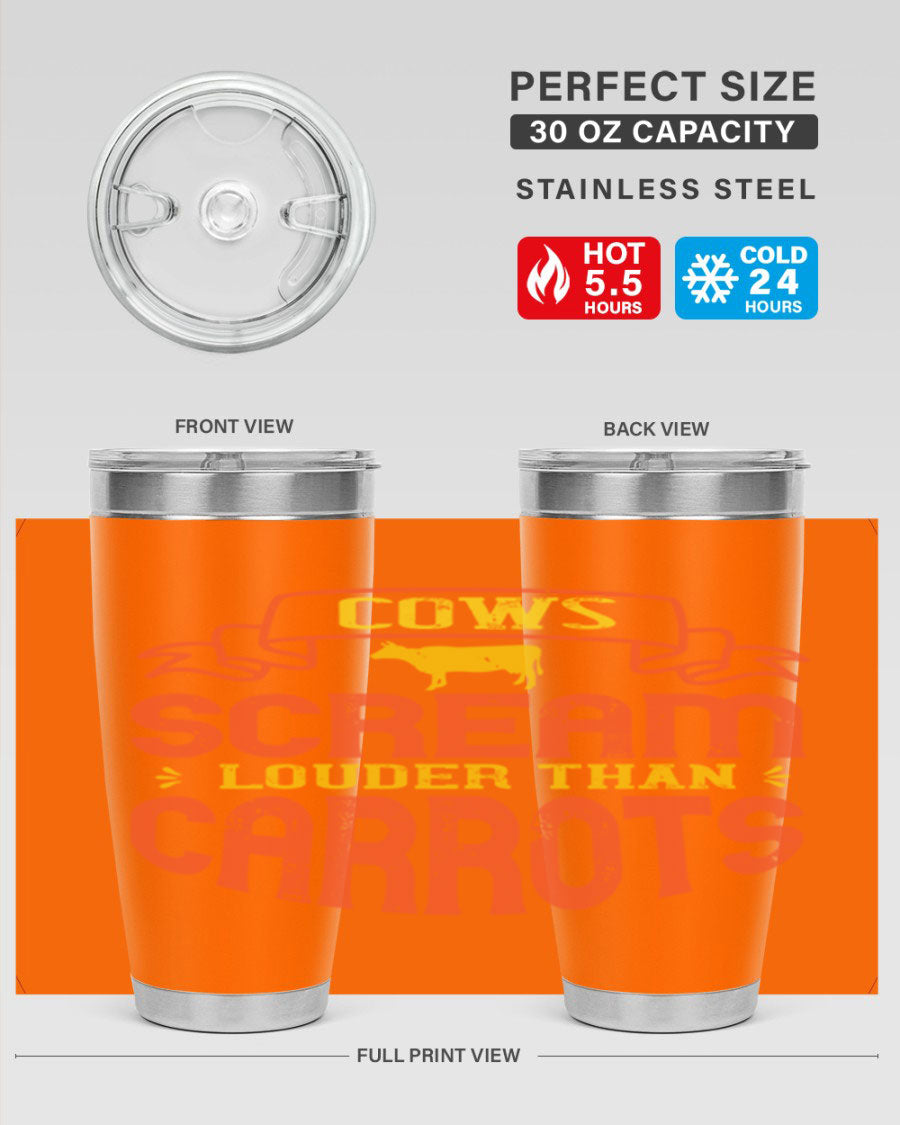 Cows Scream Louder Than Carrots 71# Vegan Tumbler in stainless steel with a vibrant design, perfect for hot and cold beverages.