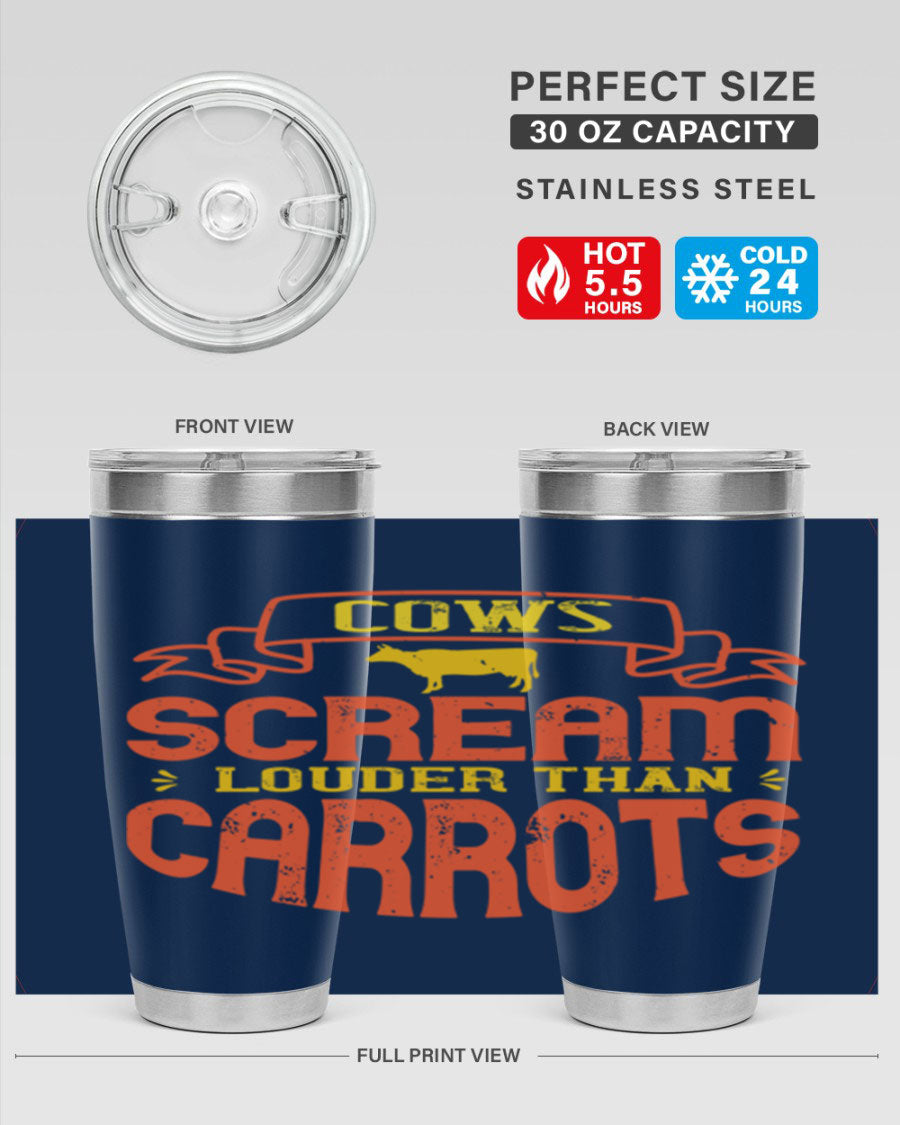 Cows Scream Louder Than Carrots 71# Vegan Tumbler in stainless steel with a vibrant design, perfect for hot and cold beverages.
