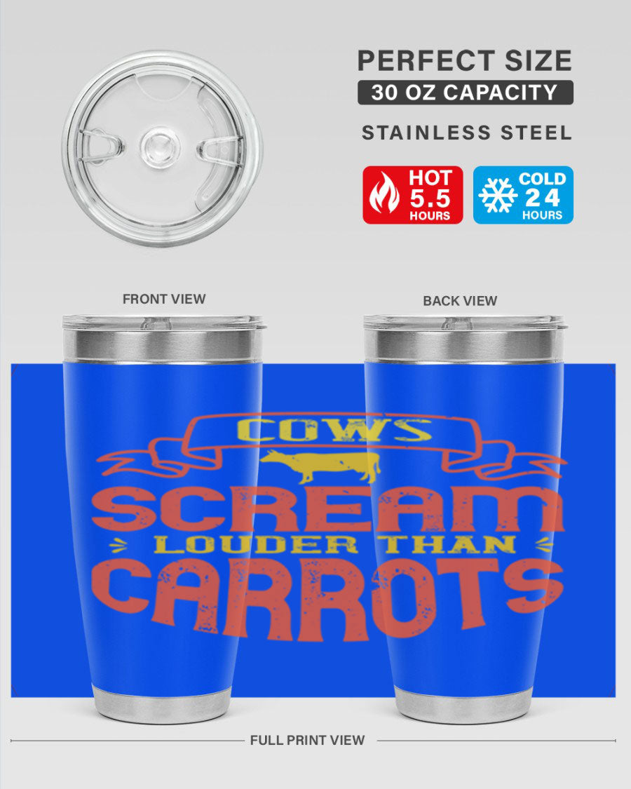 Cows Scream Louder Than Carrots 71# Vegan Tumbler in stainless steel with a vibrant design, perfect for hot and cold beverages.