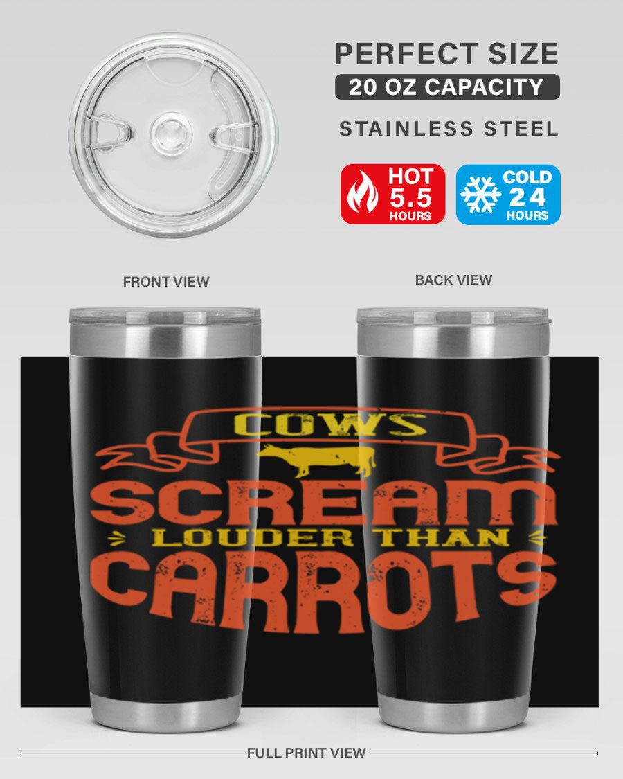 Cows Scream Louder Than Carrots 71# Vegan Tumbler in stainless steel with a vibrant design, perfect for hot and cold beverages.