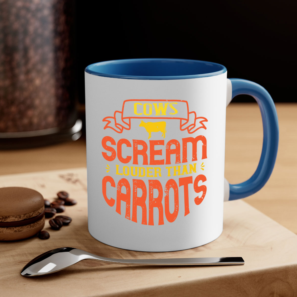 Cows Scream Louder Than Carrots Mug with colorful handle and interior, showcasing a glossy finish.