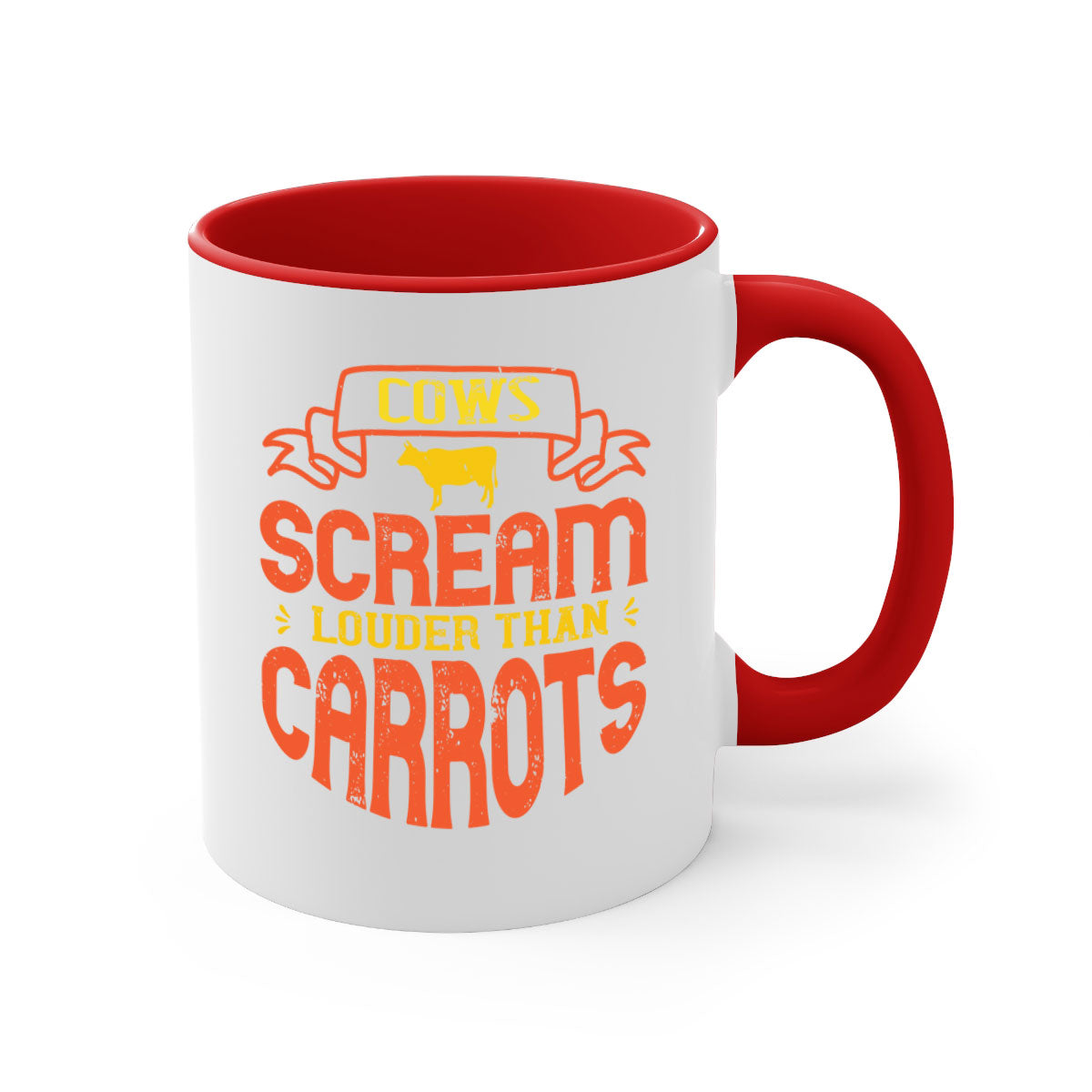 Cows Scream Louder Than Carrots Mug with colorful handle and interior, showcasing a glossy finish.