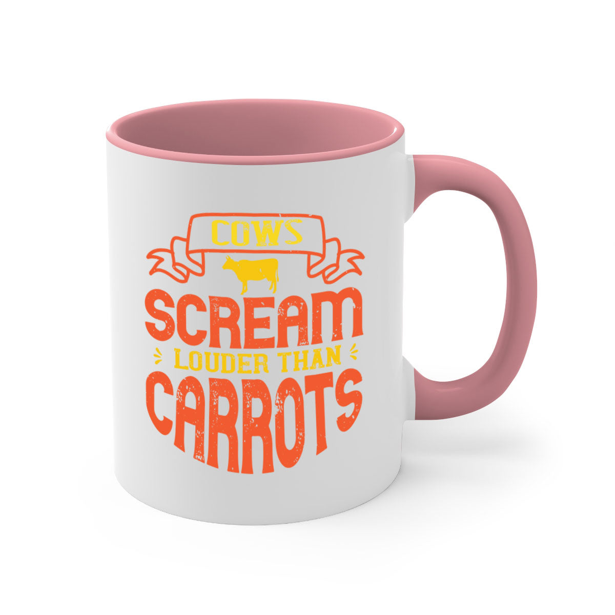 Cows Scream Louder Than Carrots Mug with colorful handle and interior, showcasing a glossy finish.