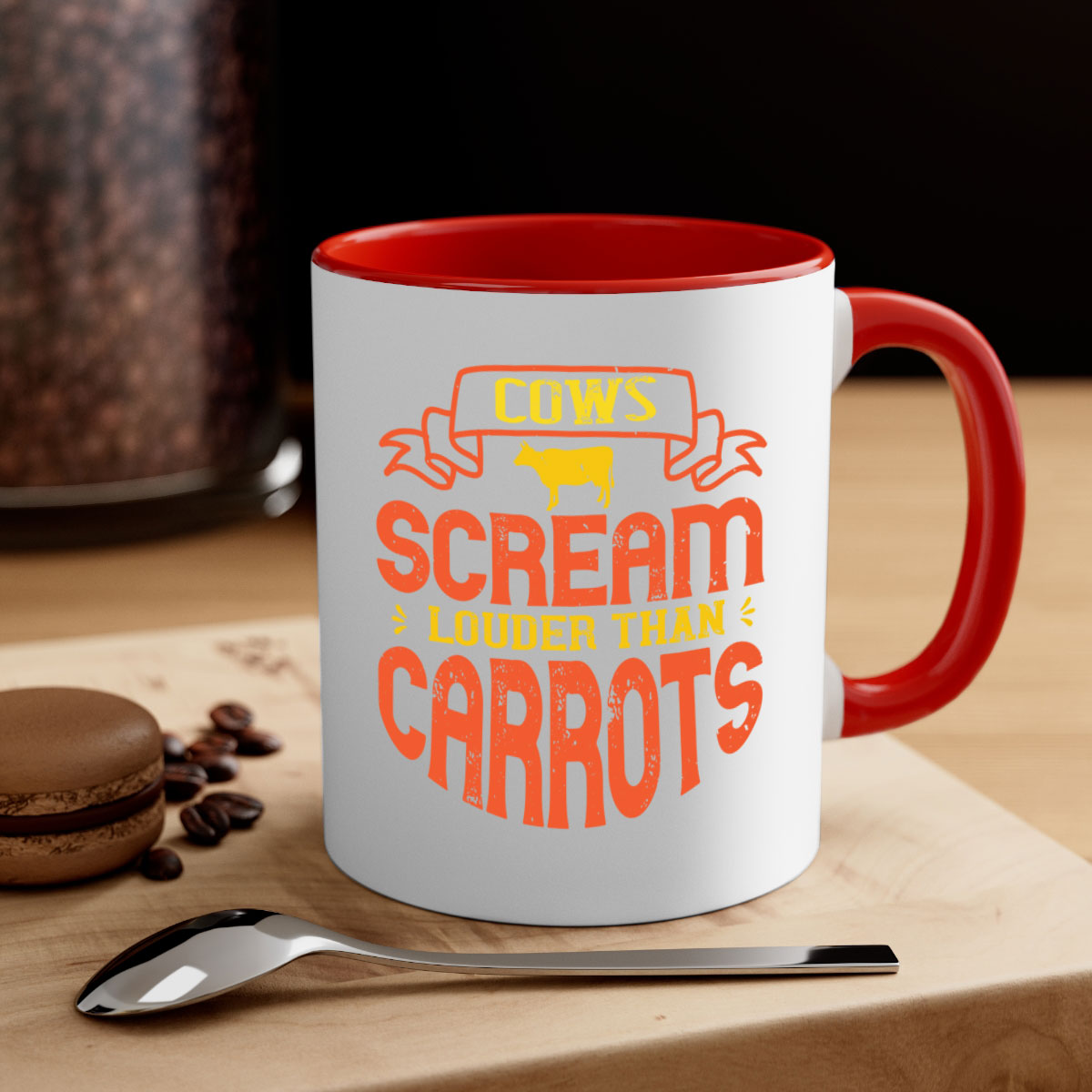 Cows Scream Louder Than Carrots Mug with colorful handle and interior, showcasing a glossy finish.
