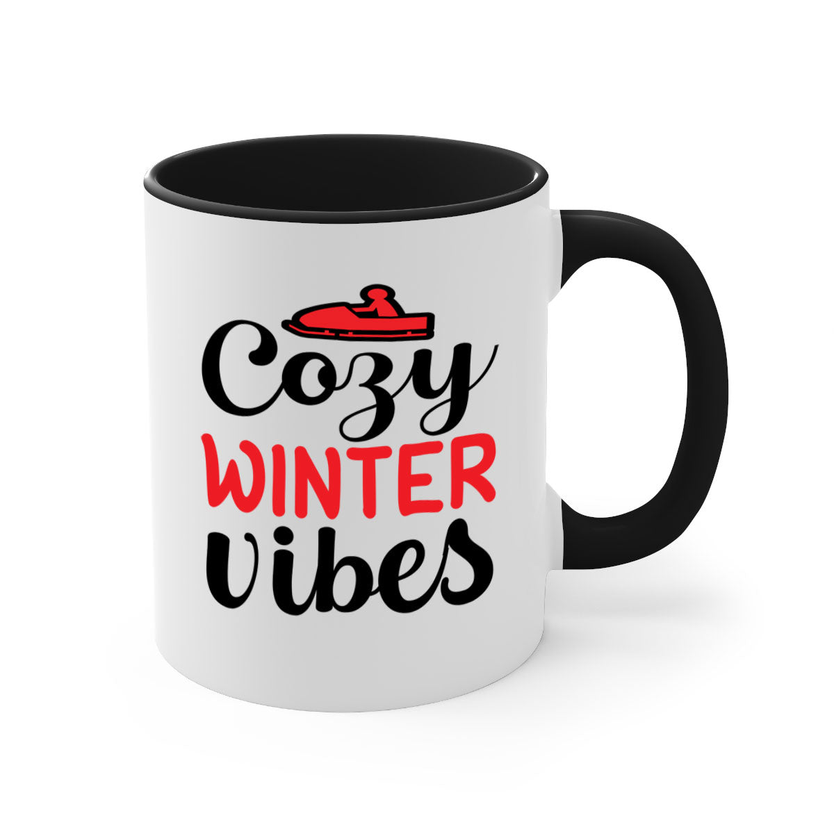 Cozy Winter Vibes 68# Mug with colorful handle and glossy finish, available in multiple colors and sizes.